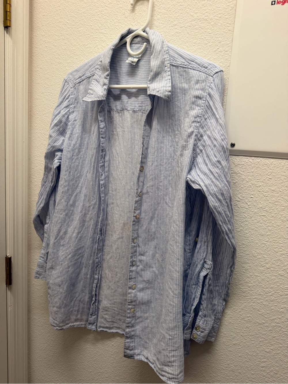 Sigrid Olsen 100% Linen Striped Button Down Shirt Blue White Plus Size 1X